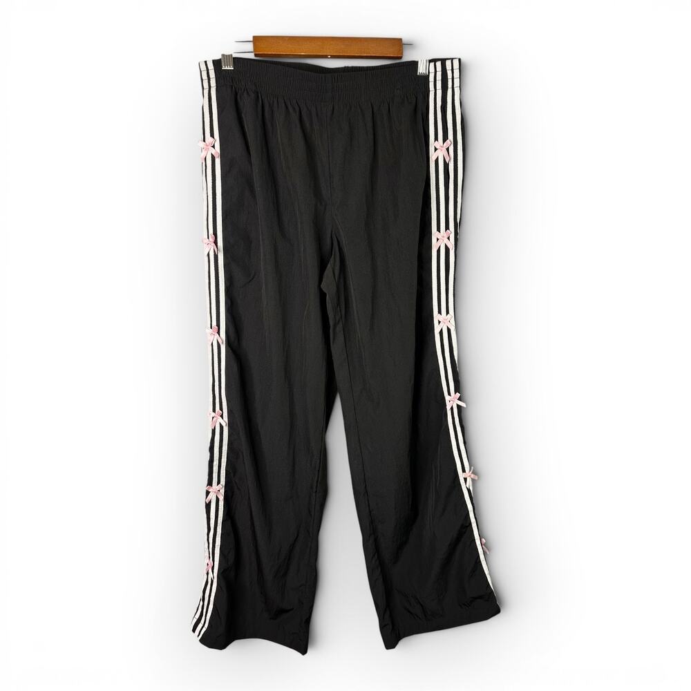 Cali 1850 Womens sz Large Erica Bow Stripe Wide Leg Track Pants Streetwear Black - Picture 2 of 12